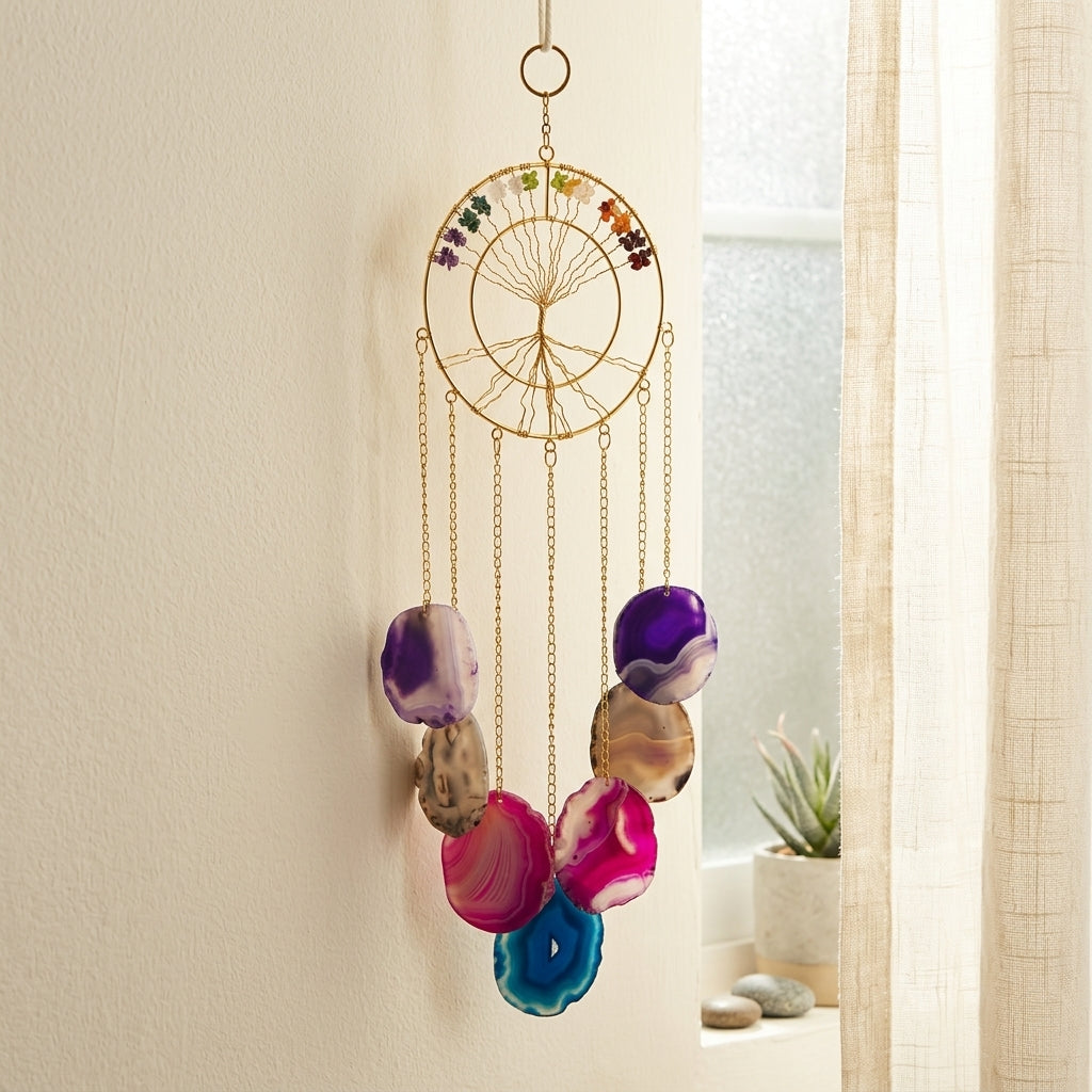 Ethereal 7 Chakra Tree of Life & Cascading Agate Slice Wall Mobile