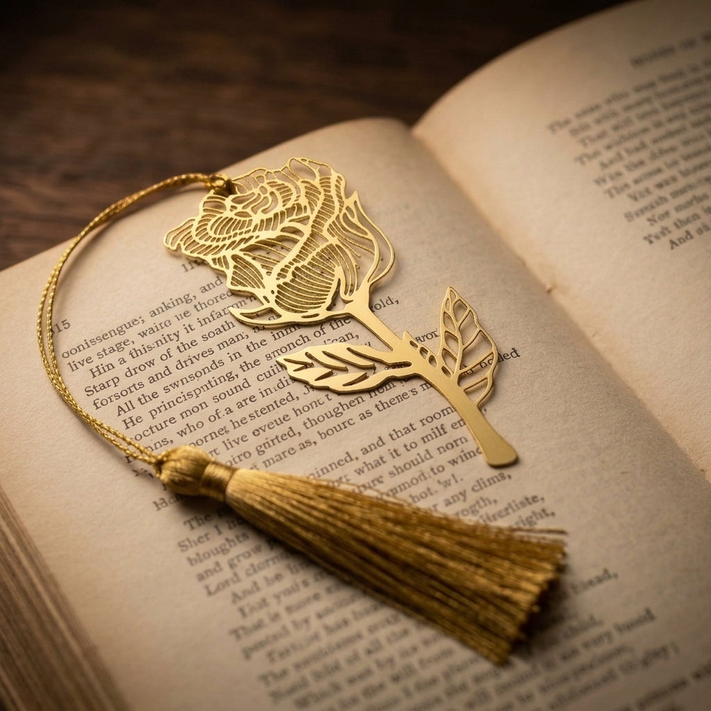 Elegant Gold Metal Rose Bookmark with Tassel