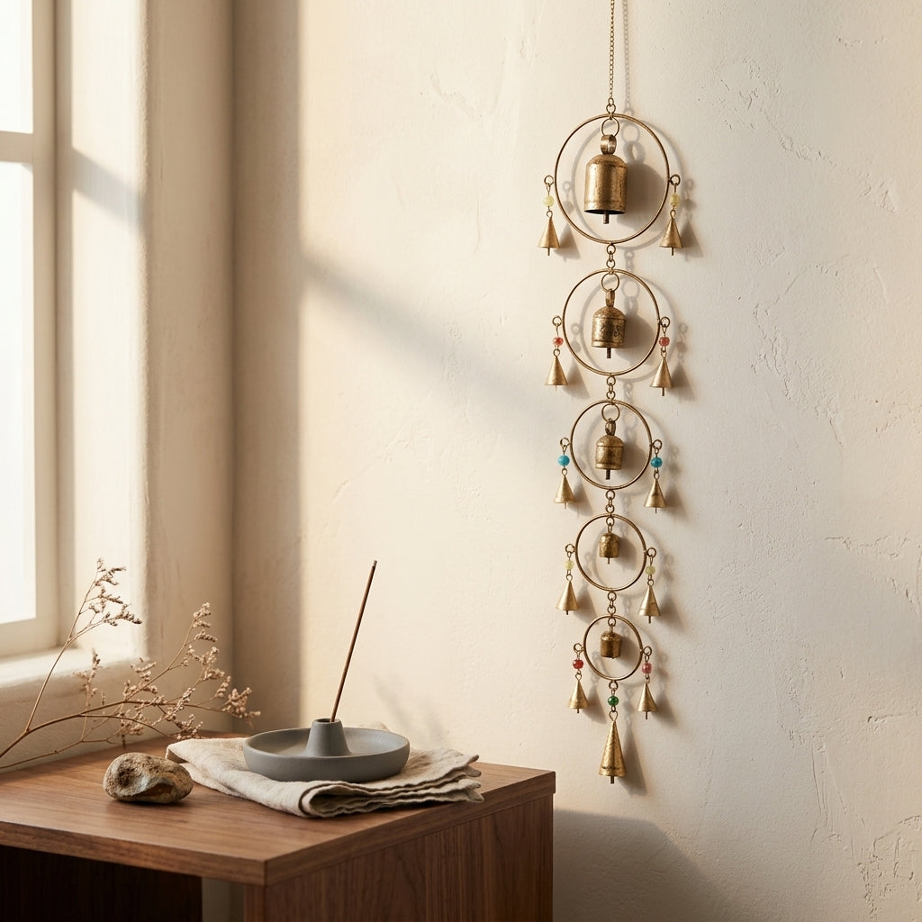 5-Tier Vintage Brass Hoop Wind Chime with Bell Accents