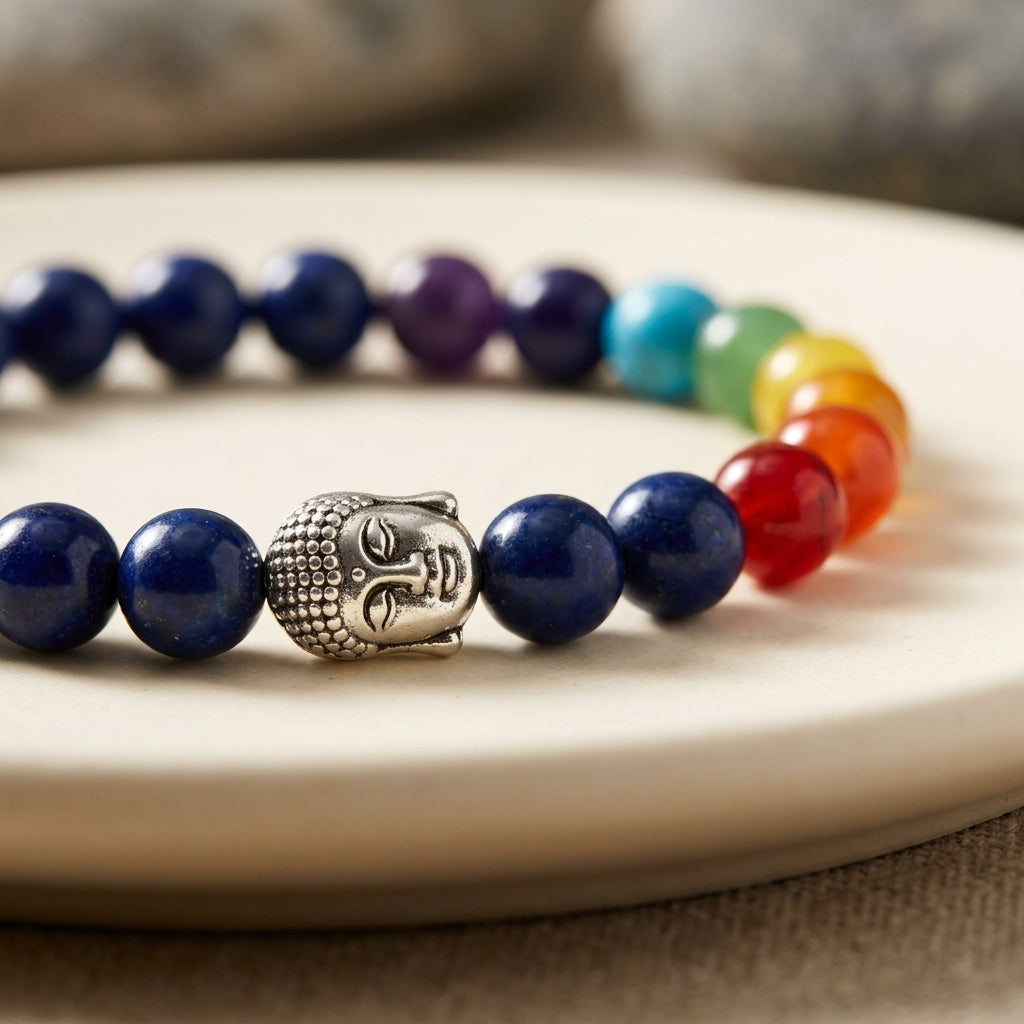 Lapis Lazuli and Chakra Buddha Head Beaded Stretch Bracelet | Spiritual Healing Jewelry