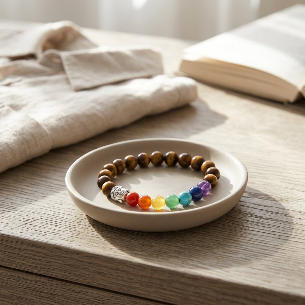 Natural Tiger's Eye 7 Chakra Buddha Bracelet | Genuine Healing Gemstone Beads with Silver Buddha Head | Unisex Spiritual Jewelry for Protection, Balance, & Mindful Yoga