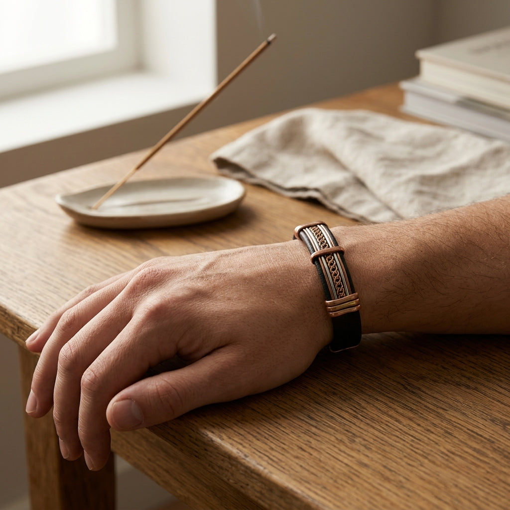 Artisan Mixed Metal Copper & Leather Magnetic Cuff