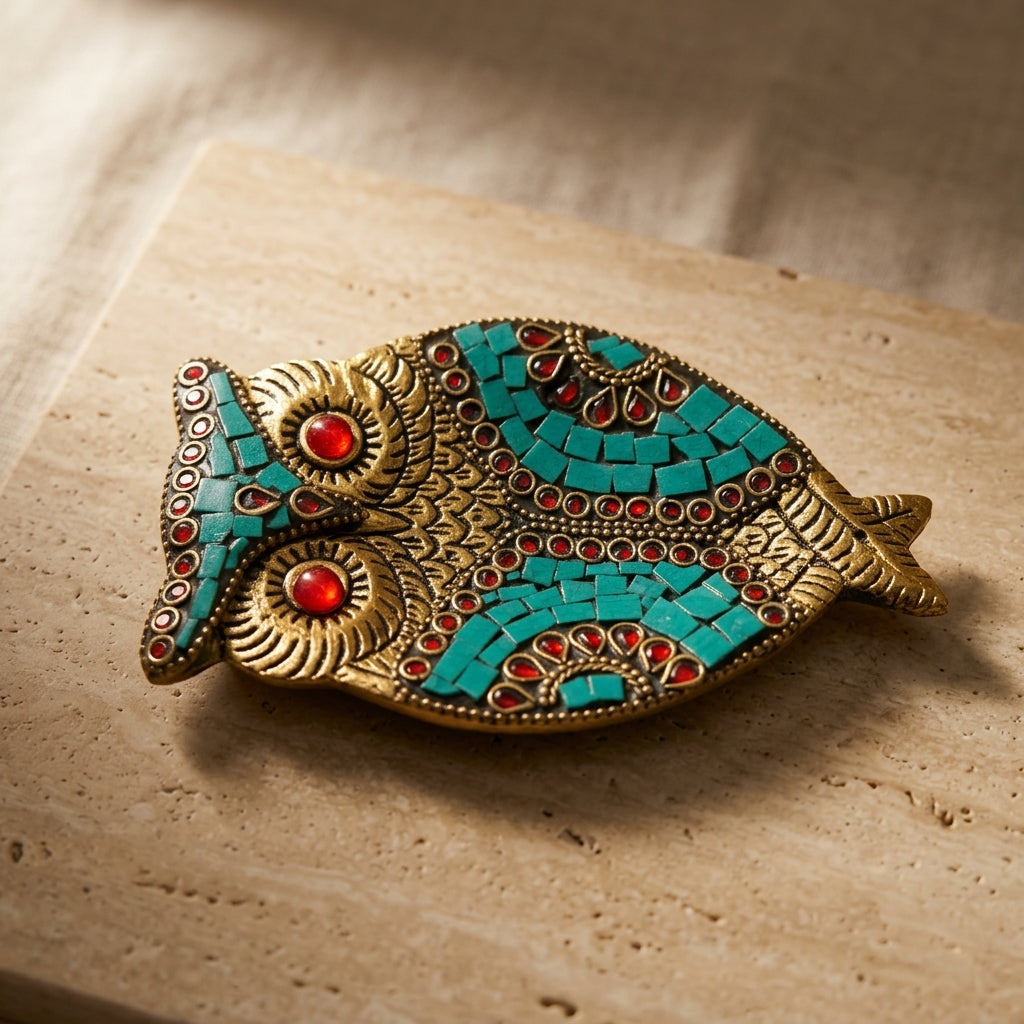Jeweled Owl Incense Holder – Turquoise Mosaic & Coral Red Spiritual Decor