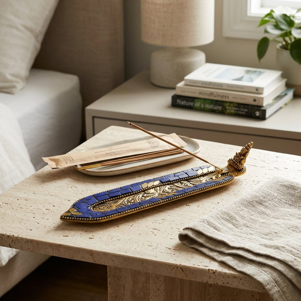 Mosaic Buddha Incense Boat Holder – Lapis Blue & Gold Sacred Decor