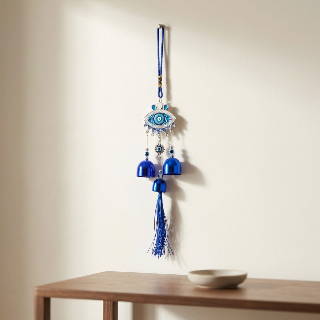 Boho Evil Eye Home Protection Wind Chime | Spiritual Wall Decor with Bells & Tassel