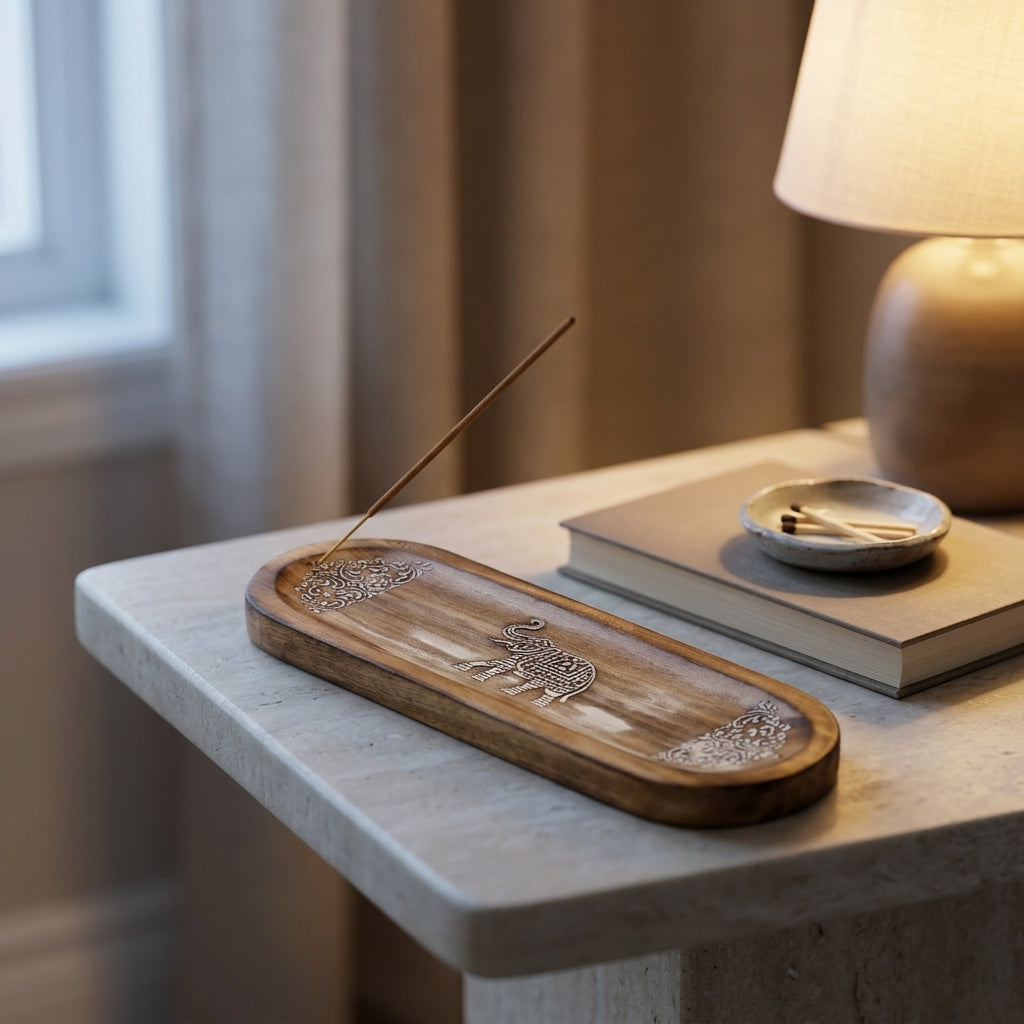 Handcarved Elephant & Paisley Wooden Incense Burner Tray | Dual Stick & Smudge Ash Catcher
