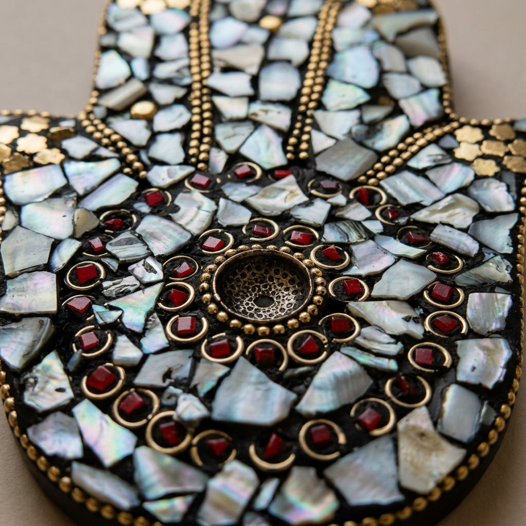 Mosaic Hamsa Hand Incense Holder – Mother of Pearl & Gold Spiritual Decor