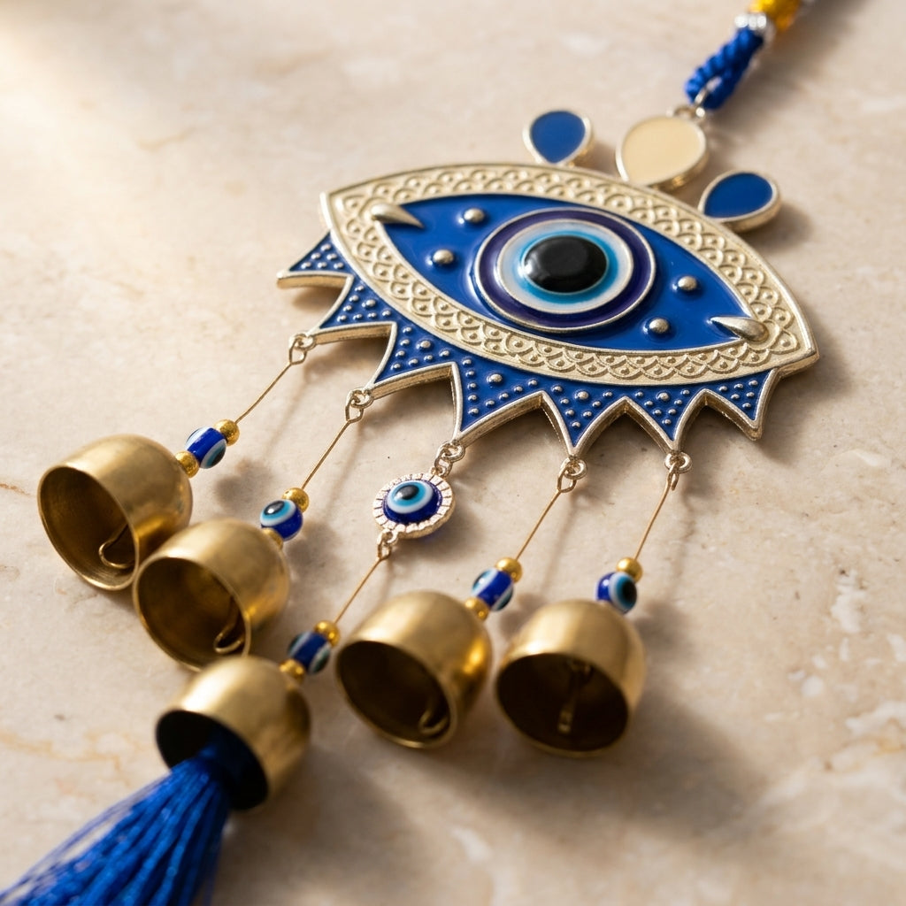 Evil Eye Wall Hanging Protection Amulet | Hanging Chime with Brass Bells & Blue Tassel