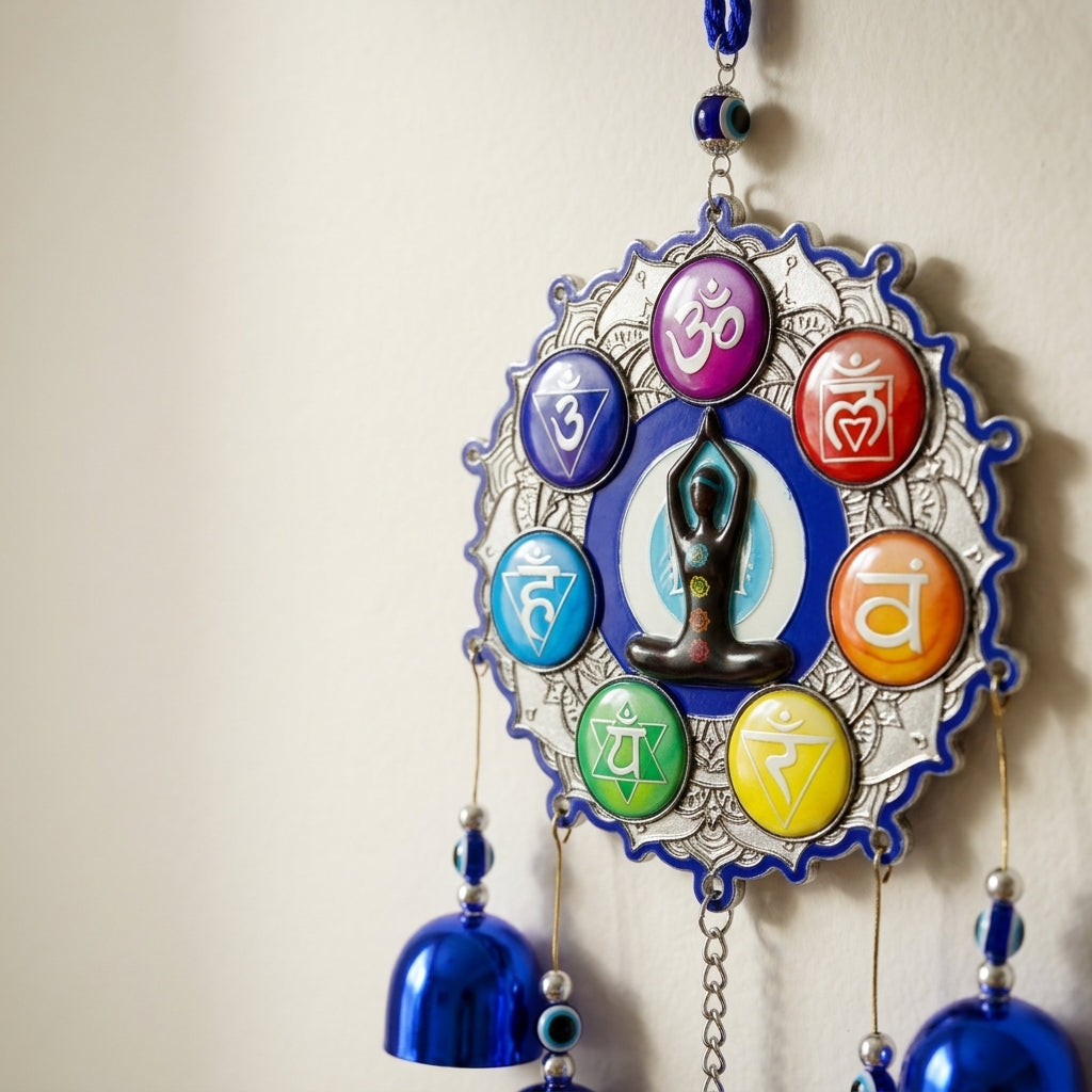 7 Chakra Symbols & Meditating Figure Evil Eye Wind Chime | Sacred Geometry Wall Hanging