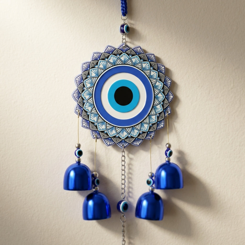 Evil Eye Mandala Wall Hanging Wind Chime | Blue & White Nazar Amulet with Bells