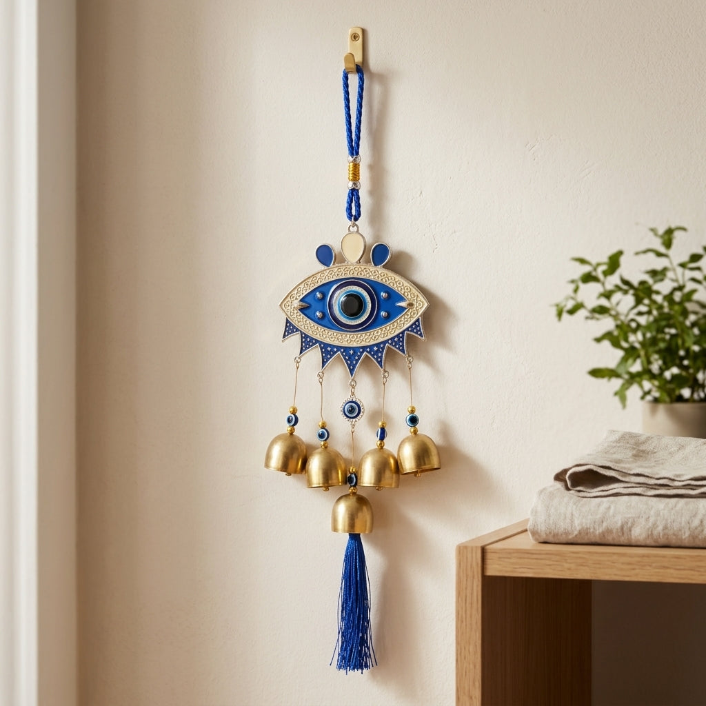 Evil Eye Wall Hanging Protection Amulet | Hanging Chime with Brass Bells & Blue Tassel