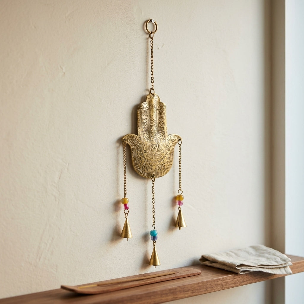 Gold Hamsa Hand Wall Hanging with Bells & Beads | Protective Boho Decor