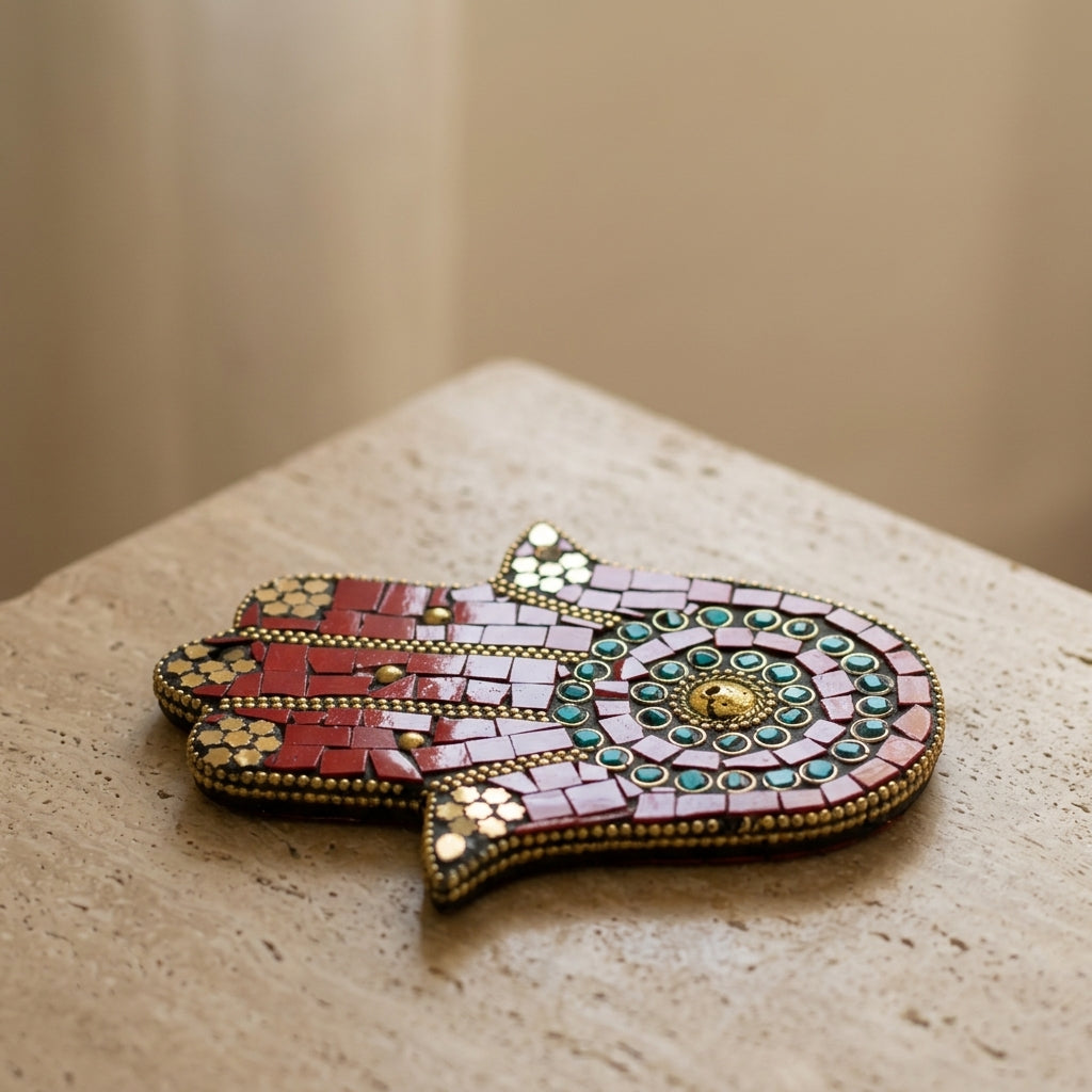 Mosaic Hamsa Hand Incense Holder – Red & Gold Sacred Protection Decor