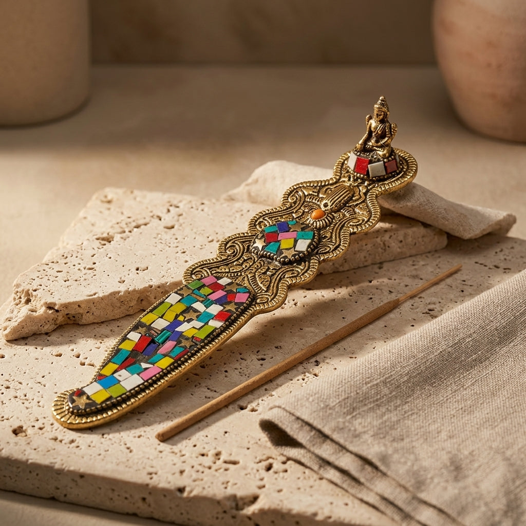 Mystic Harmony Mosaic Gold Incense Holder – Handcrafted Brass Buddha Burner