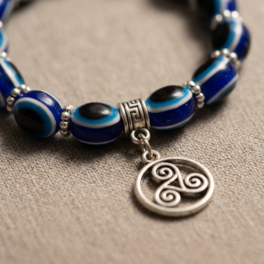 Handmade Blue Evil Eye & Triskele Charm Beaded Bracelet | Protection & Good Fortune Jewelry