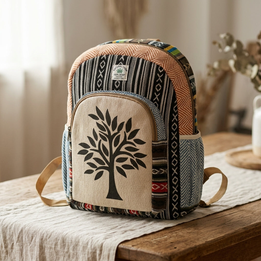 Boho Tree of Life Hemp Backpack | Eco-Friendly Woven Daypack