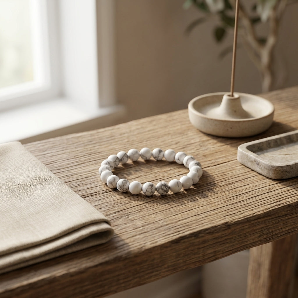 Natural White Howlite Beaded Stretch Bracelet | Genuine White Turquoise Marble Gemstone Beads | Unisex Crystal Healing Jewelry for Anxiety Relief, Calm, & Crown Chakra