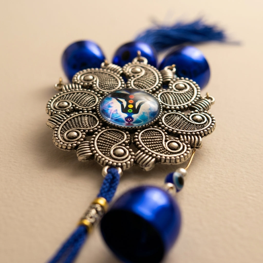 7 Chakra Meditation & Paisley Filigree Evil Eye Wall Hanging Wind Chime | Blue Metallic Bells