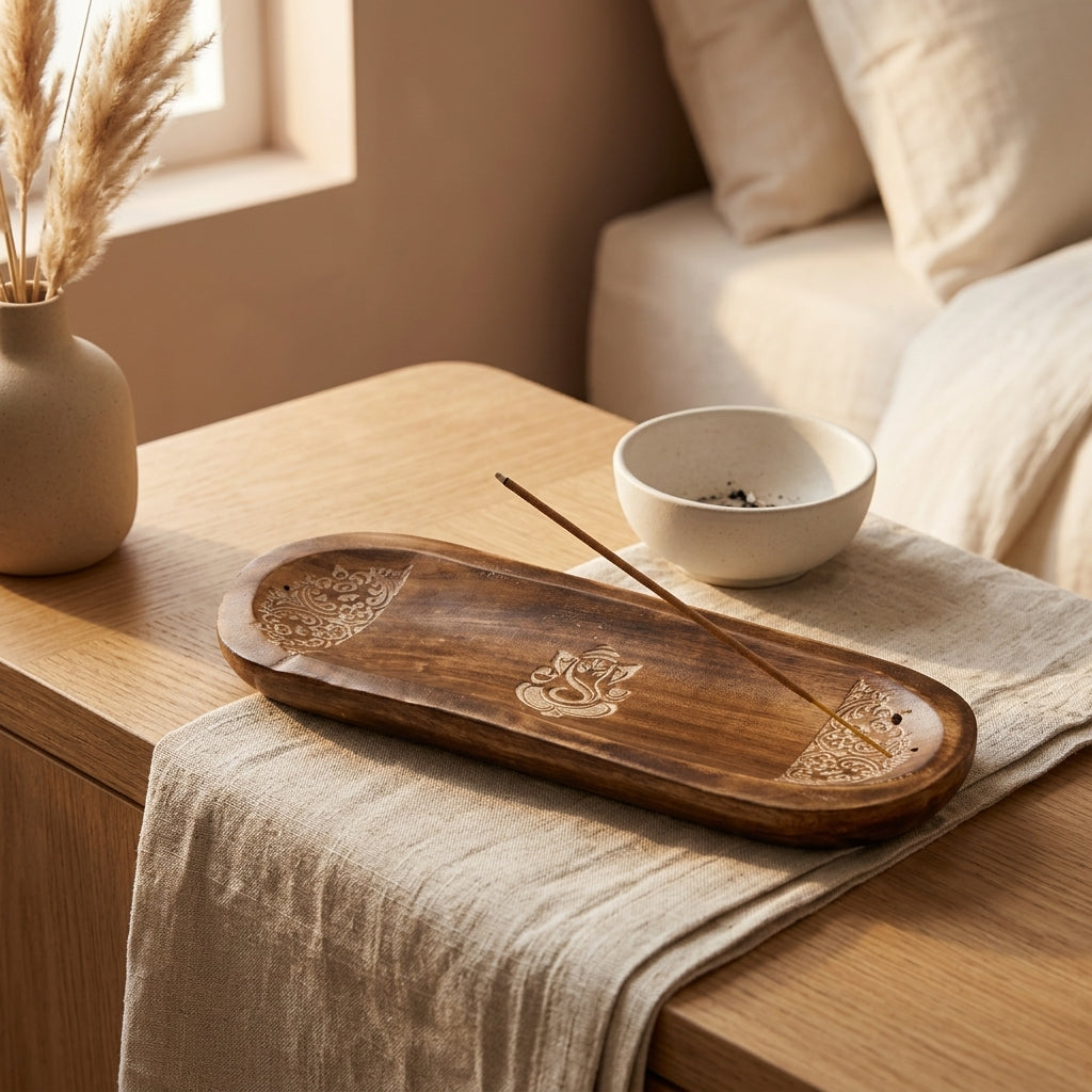 Handcrafted Ganesha Wooden Incense Holder Tray | Carved Wood Ash Catcher with White Embossed Floral Details