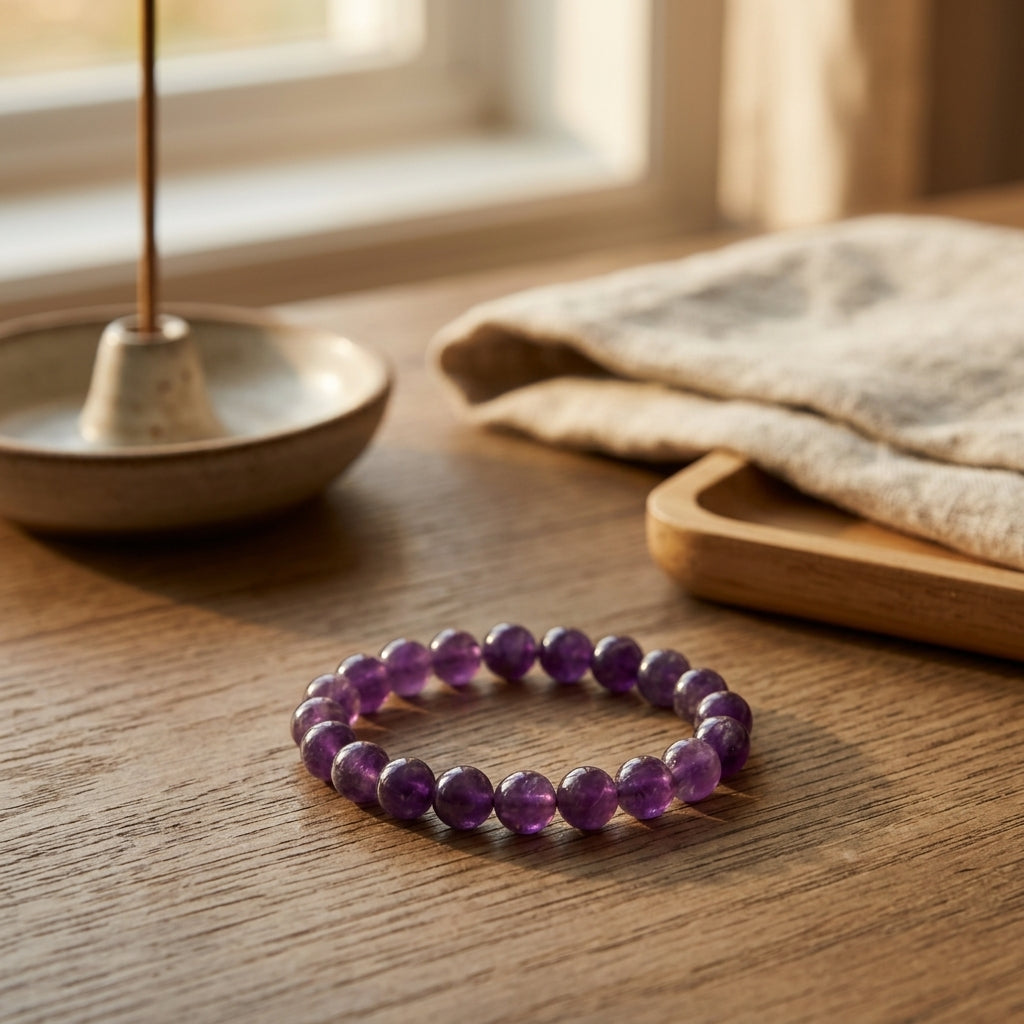 Natural Amethyst Beaded Stretch Bracelet | Genuine Deep Purple Quartz Gemstone Beads | Unisex Crystal Healing Jewelry for Stress Relief, Intuition, & Crown Chakra