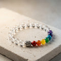 Natural Clear Quartz 7 Chakra Buddha Bracelet | Genuine Translucent Master Healer Beads with Silver Buddha Head | Unisex Spiritual Jewelry for Manifestation & Balance