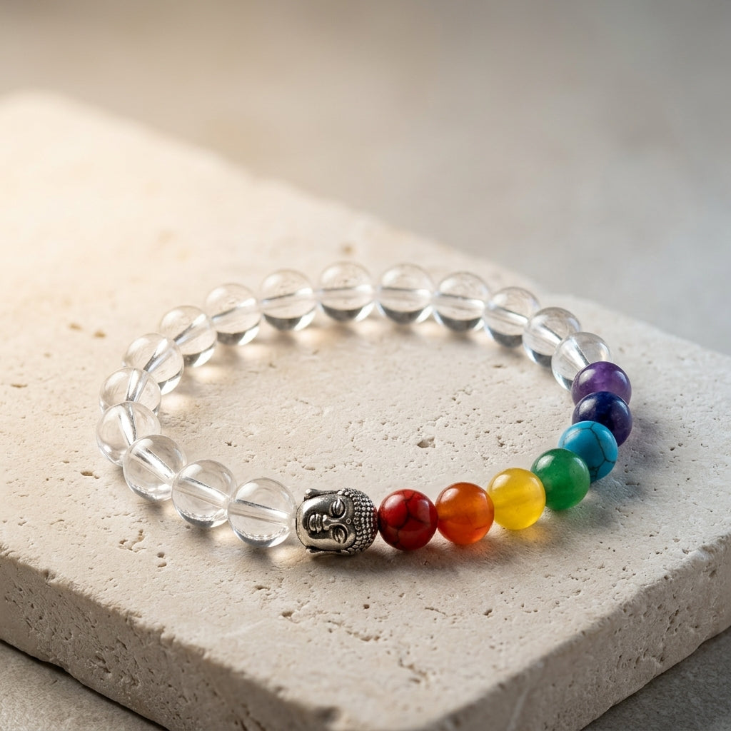 Natural Clear Quartz 7 Chakra Buddha Bracelet | Genuine Translucent Master Healer Beads with Silver Buddha Head | Unisex Spiritual Jewelry for Manifestation & Balance