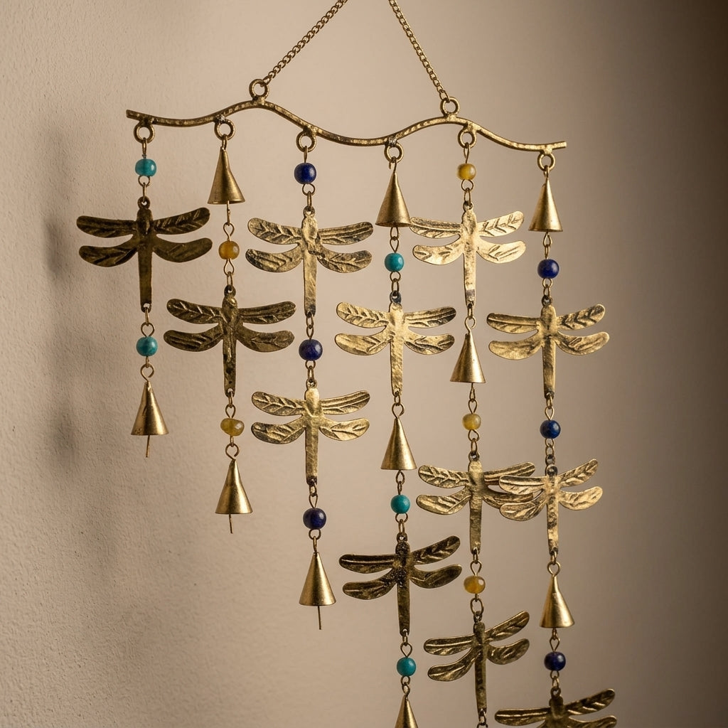 Handcrafted Brass Dragonfly Cascade Wind Chime – Rustic Nature Wall Hanging