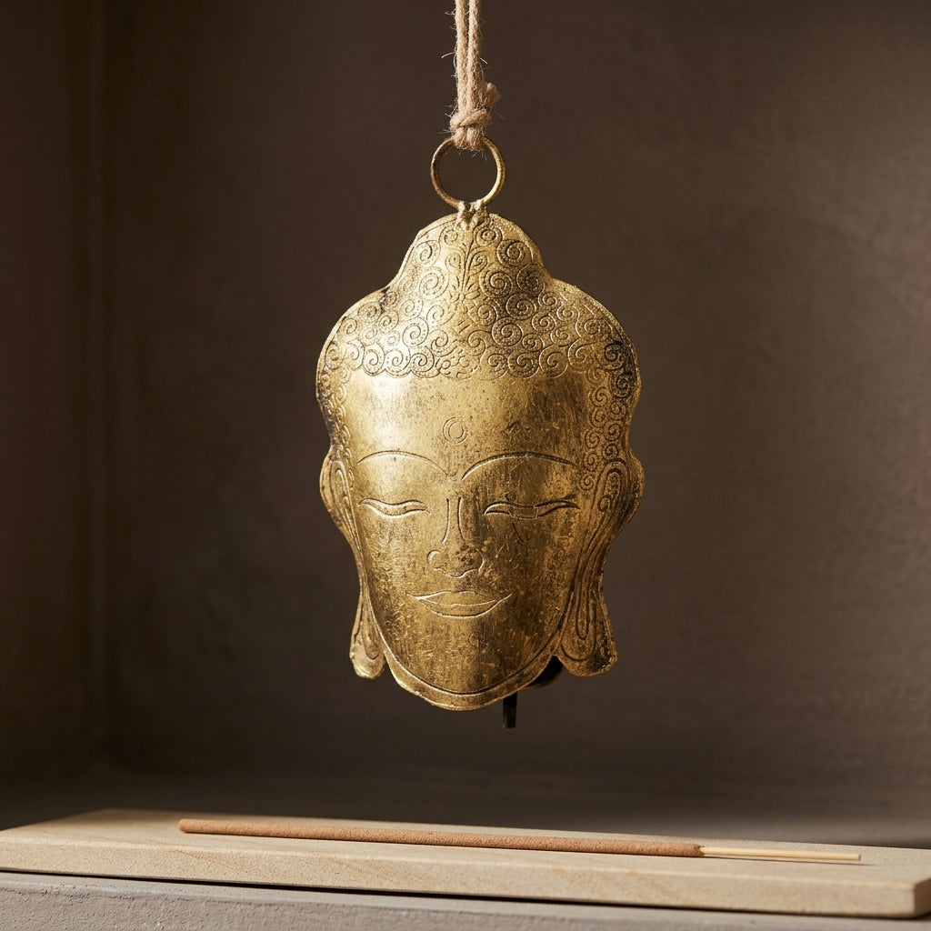 Gold Buddha Face Wall Hanging Bell | Zen & Mindfulness Home Decor