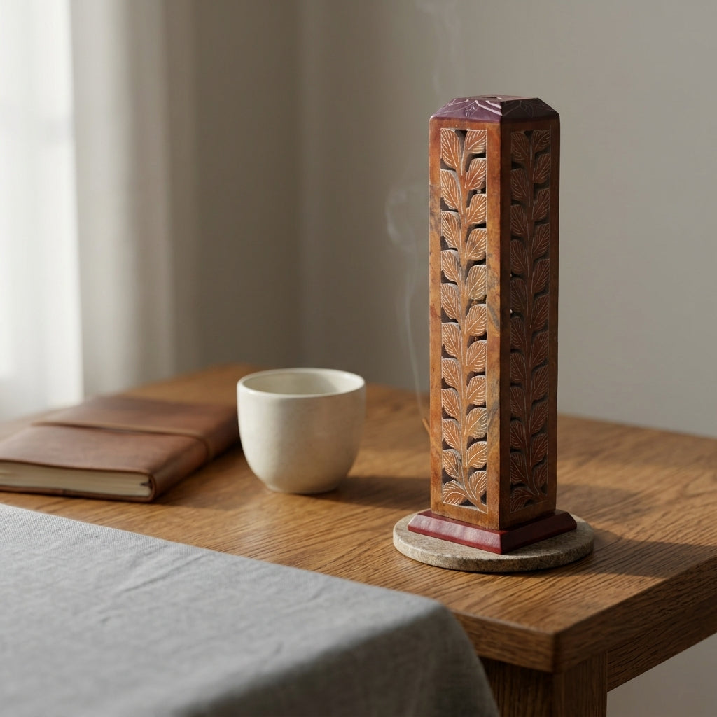 Handcrafted 7 Chakra Engraved Soapstone Multi-Incense Tower & Ash Catcher