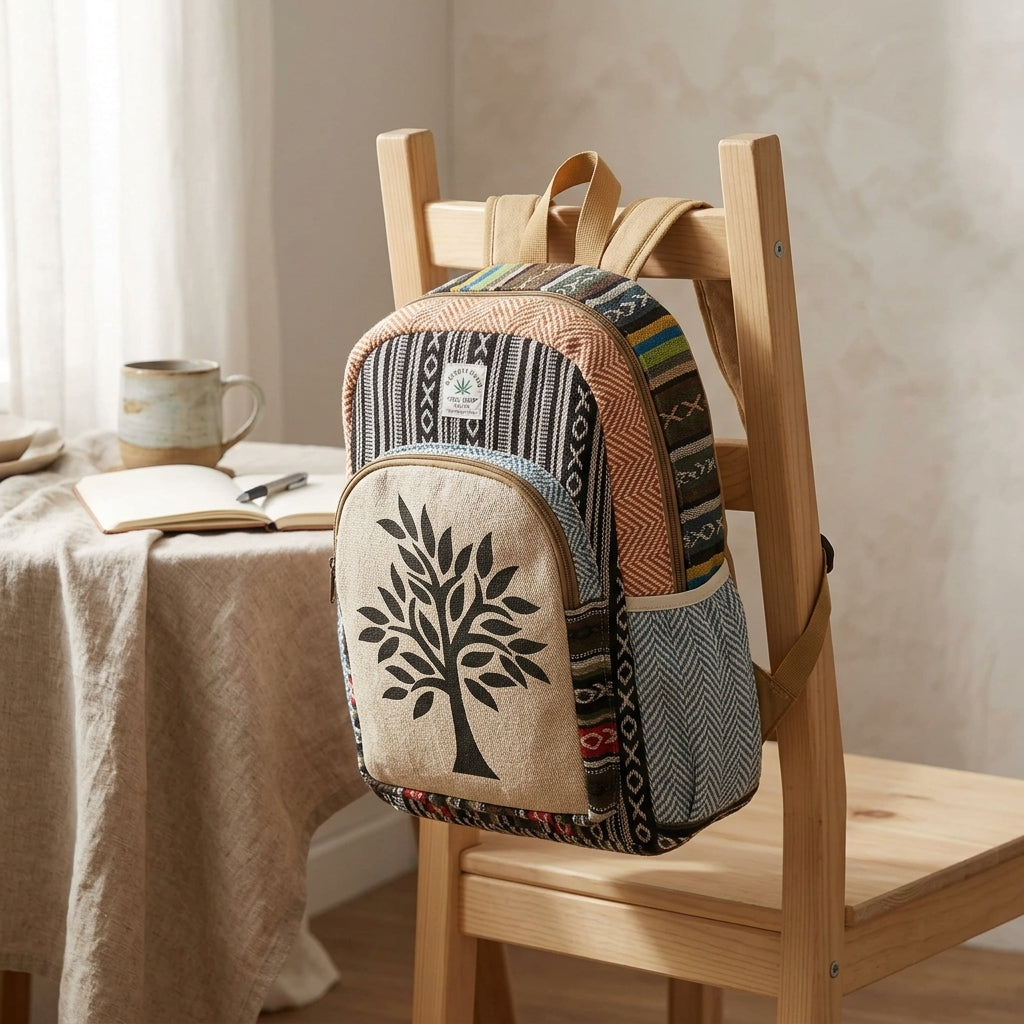 Boho Tree of Life Hemp Backpack | Eco-Friendly Woven Daypack