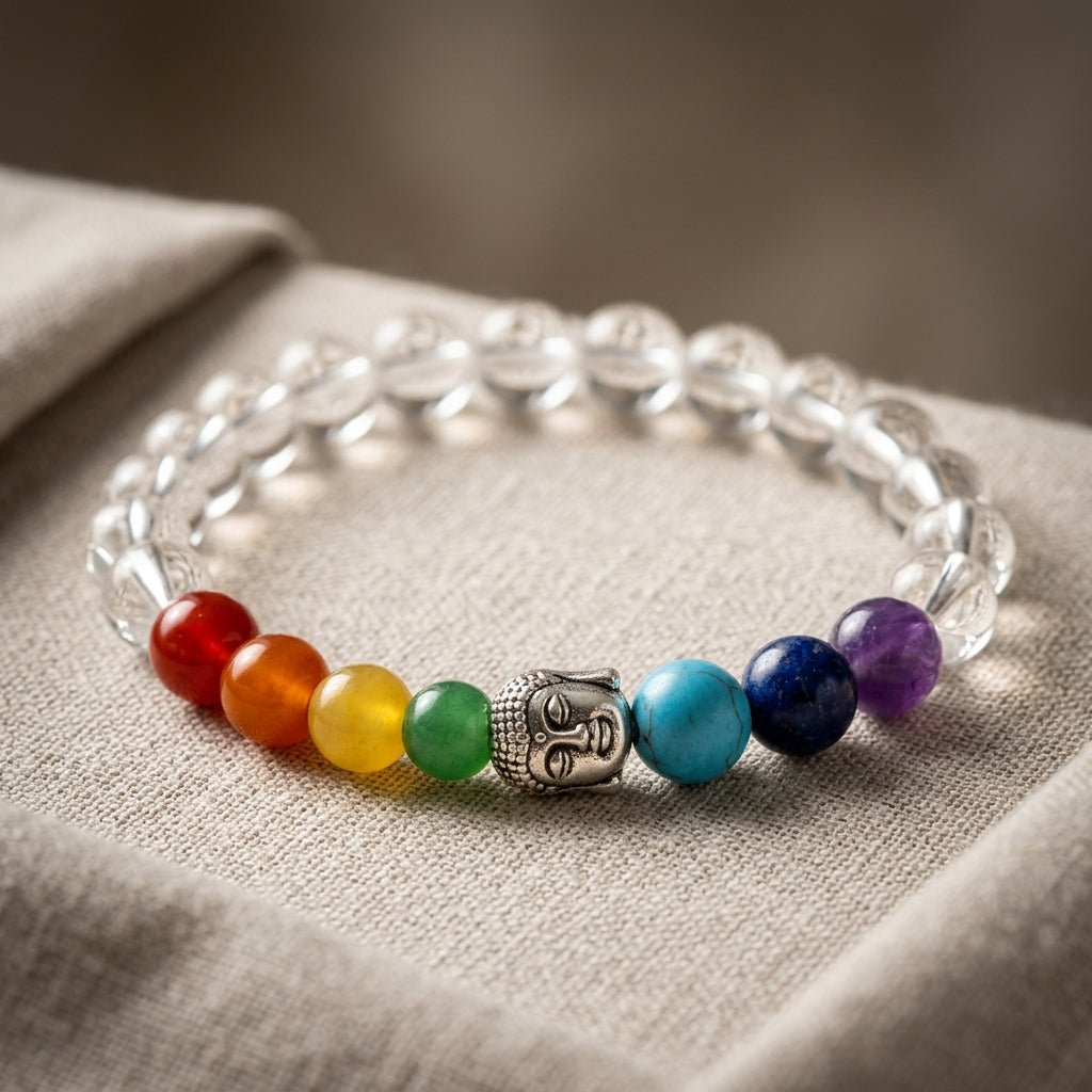 Natural Clear Quartz 7 Chakra Buddha Bracelet | Genuine Translucent Master Healer Beads with Silver Buddha Head | Unisex Spiritual Jewelry for Manifestation & Balance
