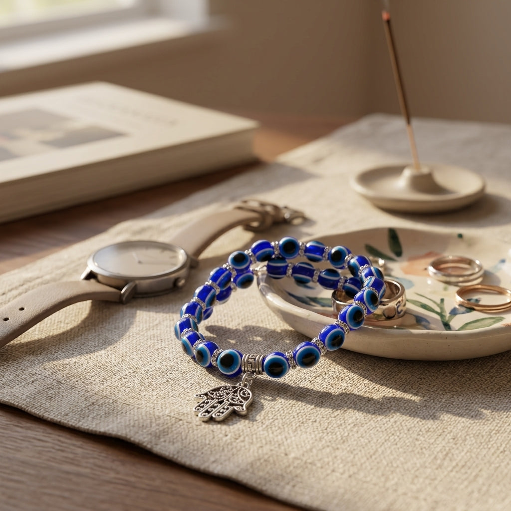 Handmade Blue Evil Eye & Hamsa Hand Charm Beaded Bracelet | Protection & Good Fortune Jewelry