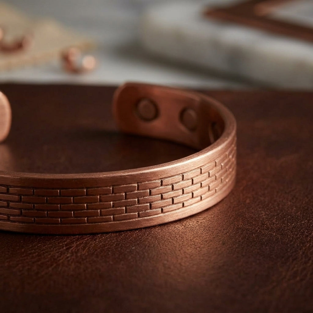 Artisan 100% Solid Copper Magnetic Textured Cuff Bracelet | Healing Energy & Geometric Relief Jewelry
