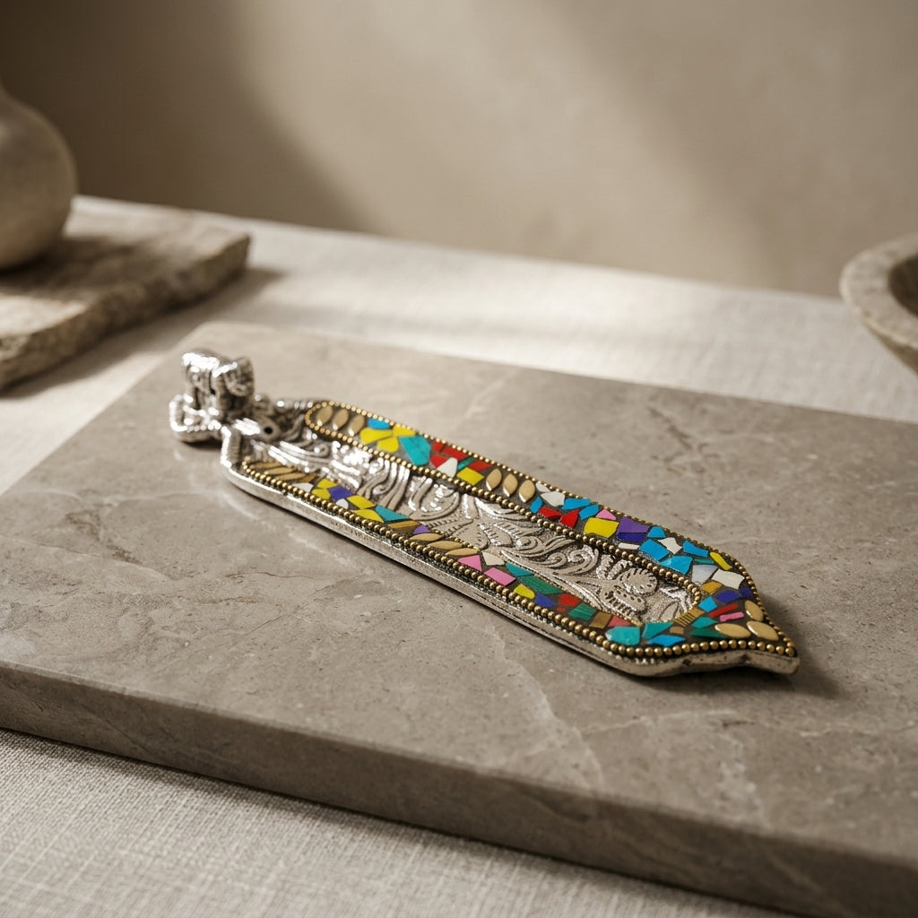 Royal Elephant Mosaic Incense Holder – Handcrafted Silver & Multi-Stone Burner
