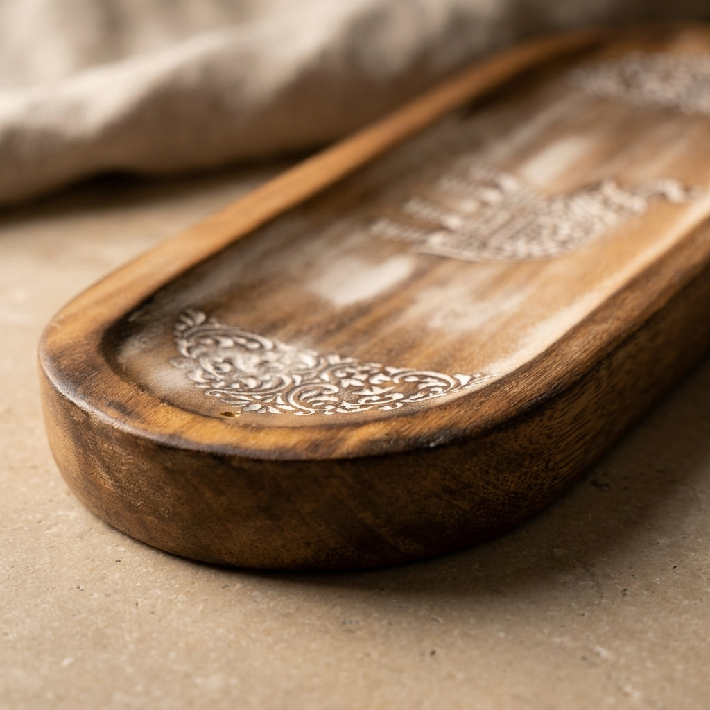 Handcarved Elephant & Paisley Wooden Incense Burner Tray | Dual Stick & Smudge Ash Catcher