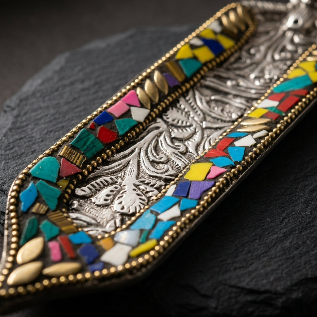 Royal Elephant Mosaic Incense Holder – Handcrafted Silver & Multi-Stone Burner