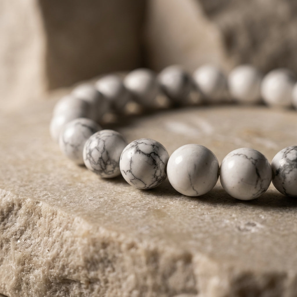Natural White Howlite Beaded Stretch Bracelet | Genuine White Turquoise Marble Gemstone Beads | Unisex Crystal Healing Jewelry for Anxiety Relief, Calm, & Crown Chakra