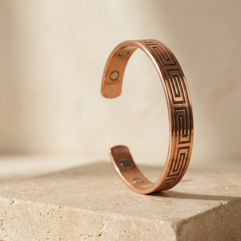 Greek Key Engraved Magnetic Copper Cuff Bracelet