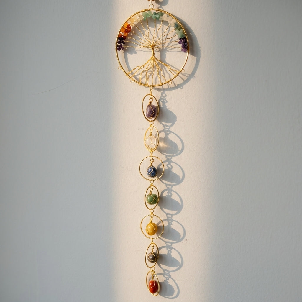 7 Chakra Tree of Life & Raw Gemstone Orb Wall Hanging