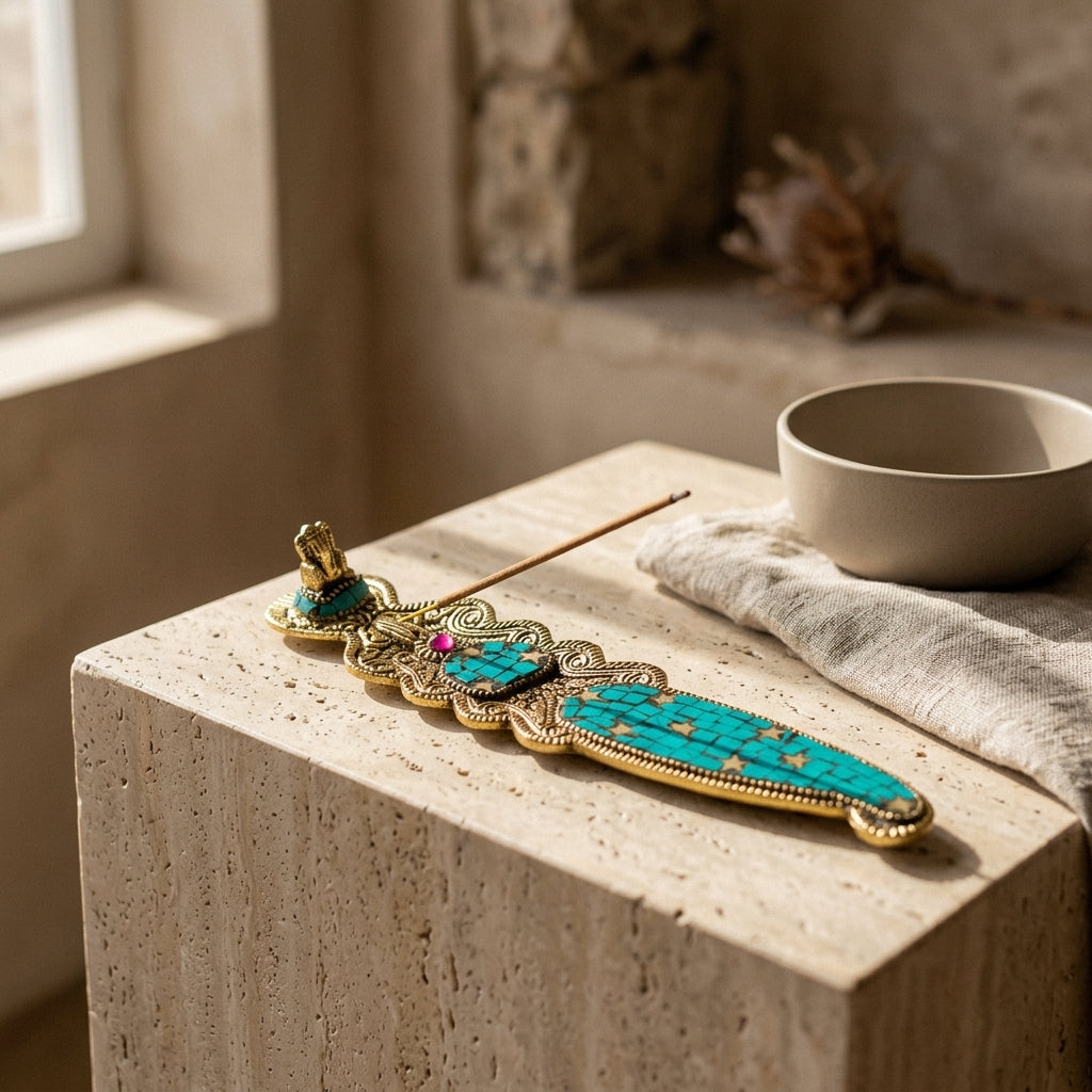 Mosaic Ganesha Incense Boat Holder – Turquoise & Gold Paisley Spiritual Decor