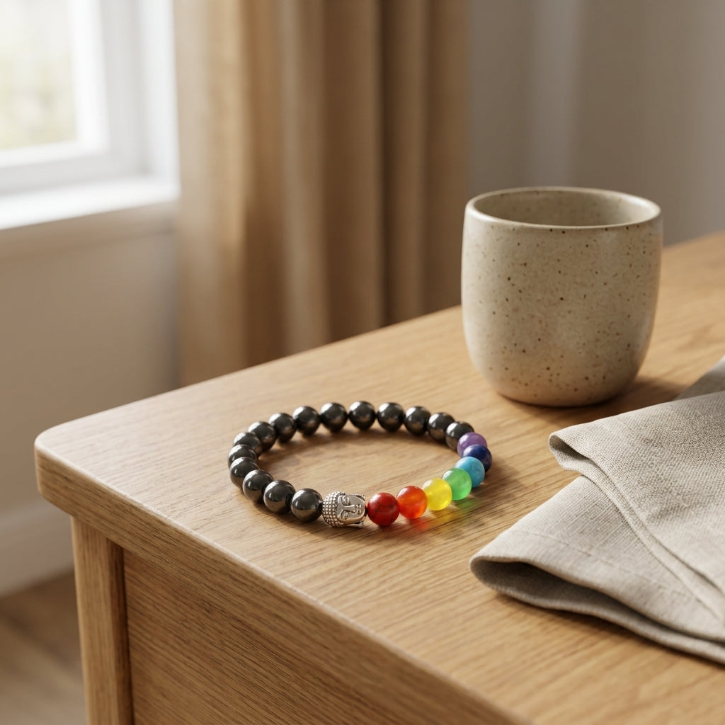Natural Hematite 7 Chakra Buddha Bracelet | Genuine Shiny Gunmetal Grounding Beads with Silver Buddha Head | Unisex Spiritual Jewelry for Protection, Focus, & Balance