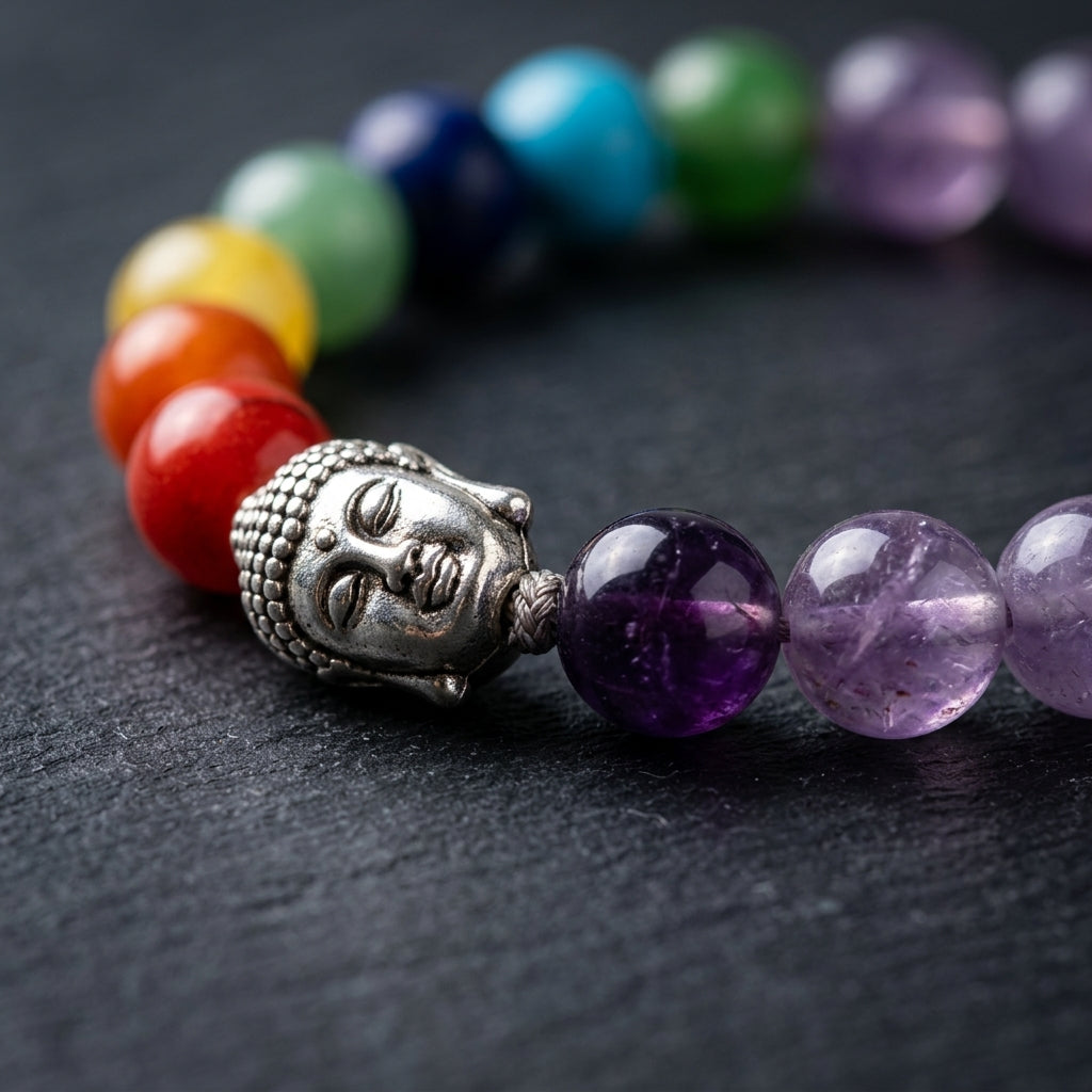 Natural Amethyst 7 Chakra Buddha Bracelet | Genuine Purple Quartz Healing Beads with Silver Buddha Head | Unisex Spiritual Jewelry for Calming, Mindfulness, & Peace