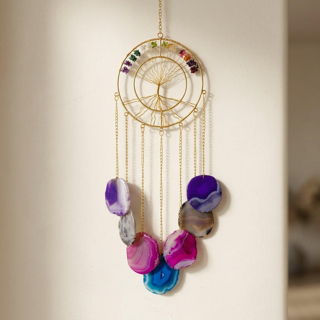 Ethereal 7 Chakra Tree of Life & Cascading Agate Slice Wall Mobile