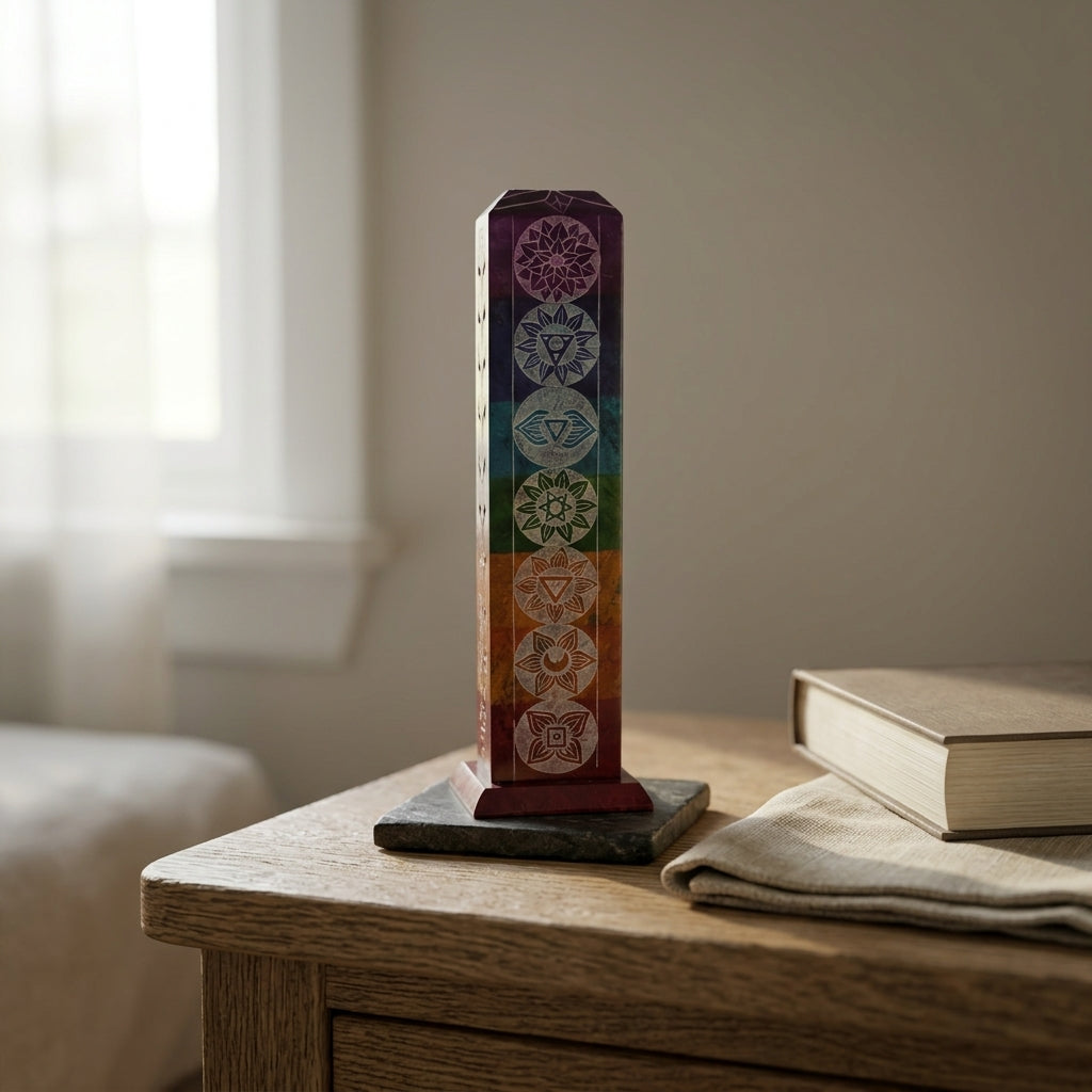 Handcrafted 7 Chakra Engraved Soapstone Multi-Incense Tower & Ash Catcher