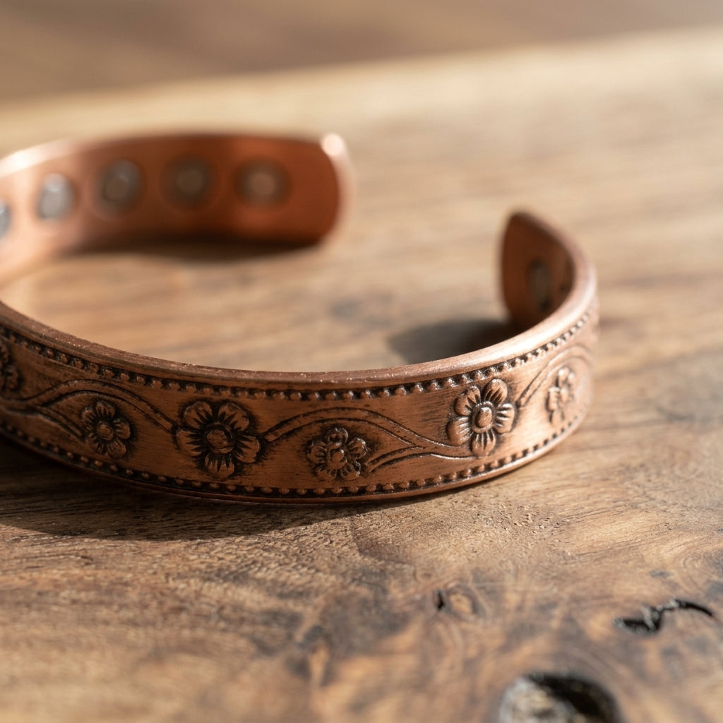Artisan 100% Solid Copper Magnetic Floral Cuff Bracelet | Healing Energy &amp; Relief Jewelry