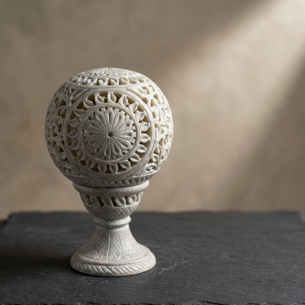Handcrafted Carved Soapstone Globe Incense & Tea Light Holder