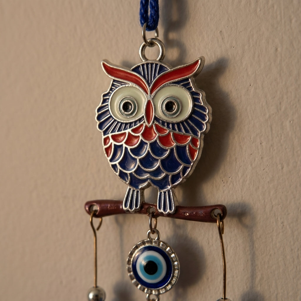 Wise Owl Enamel & Evil Eye Wall Hanging Wind Chime | Blue Metallic Bells & Tassel