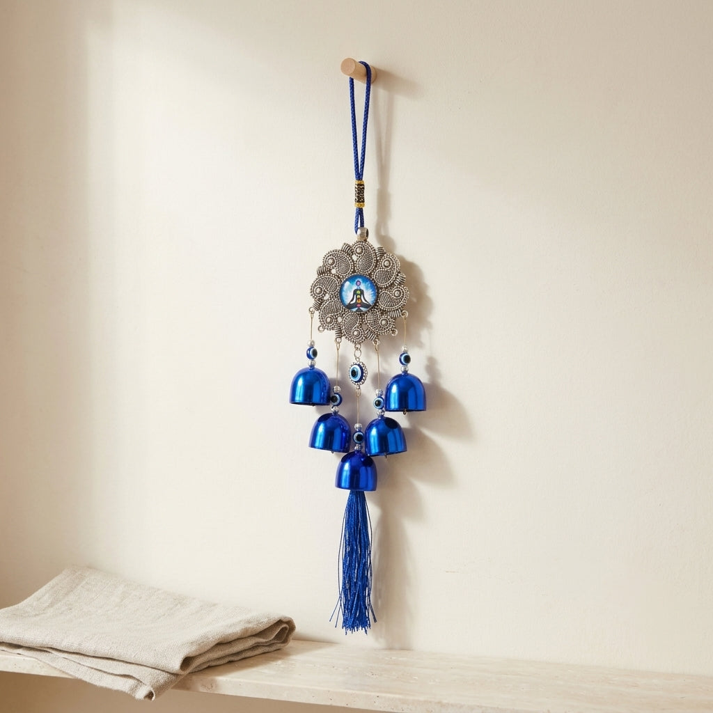 7 Chakra Meditation & Paisley Filigree Evil Eye Wall Hanging Wind Chime | Blue Metallic Bells