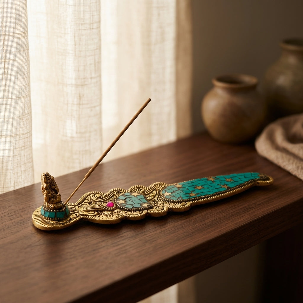 Mosaic Ganesha Incense Boat Holder – Turquoise & Gold Paisley Spiritual Decor