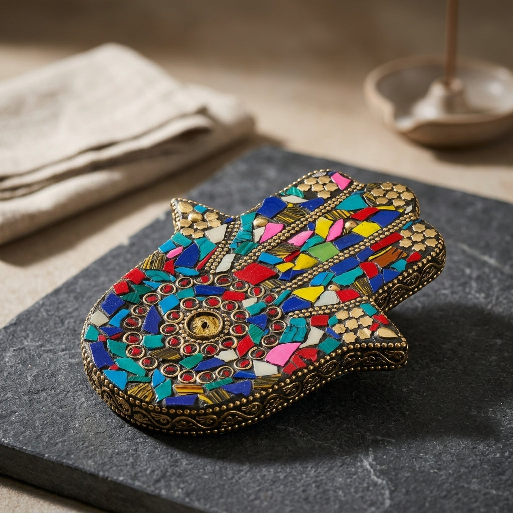 Mosaic Hamsa Hand Incense Holder – Multicolor Kaleidoscope Spiritual Decor